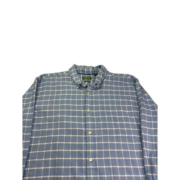 Orvis Mens Classic Fit Plaid Performance Linen Blend Shirt Size XXL Blue White - Picture 2 of 8